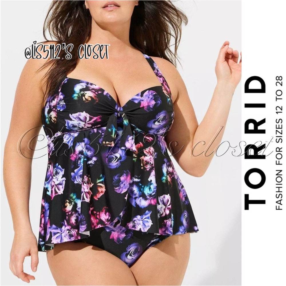 Torrid Midnight Roses Wireless Babydoll Tankini Top & Black Bottoms Swim SET 3X
